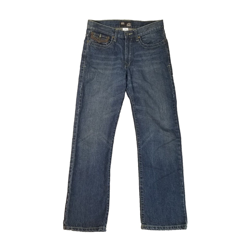 No Boundaries Jeans Mens 32 Blue Relaxed Straight Flap Pocket Retro Leather Trim